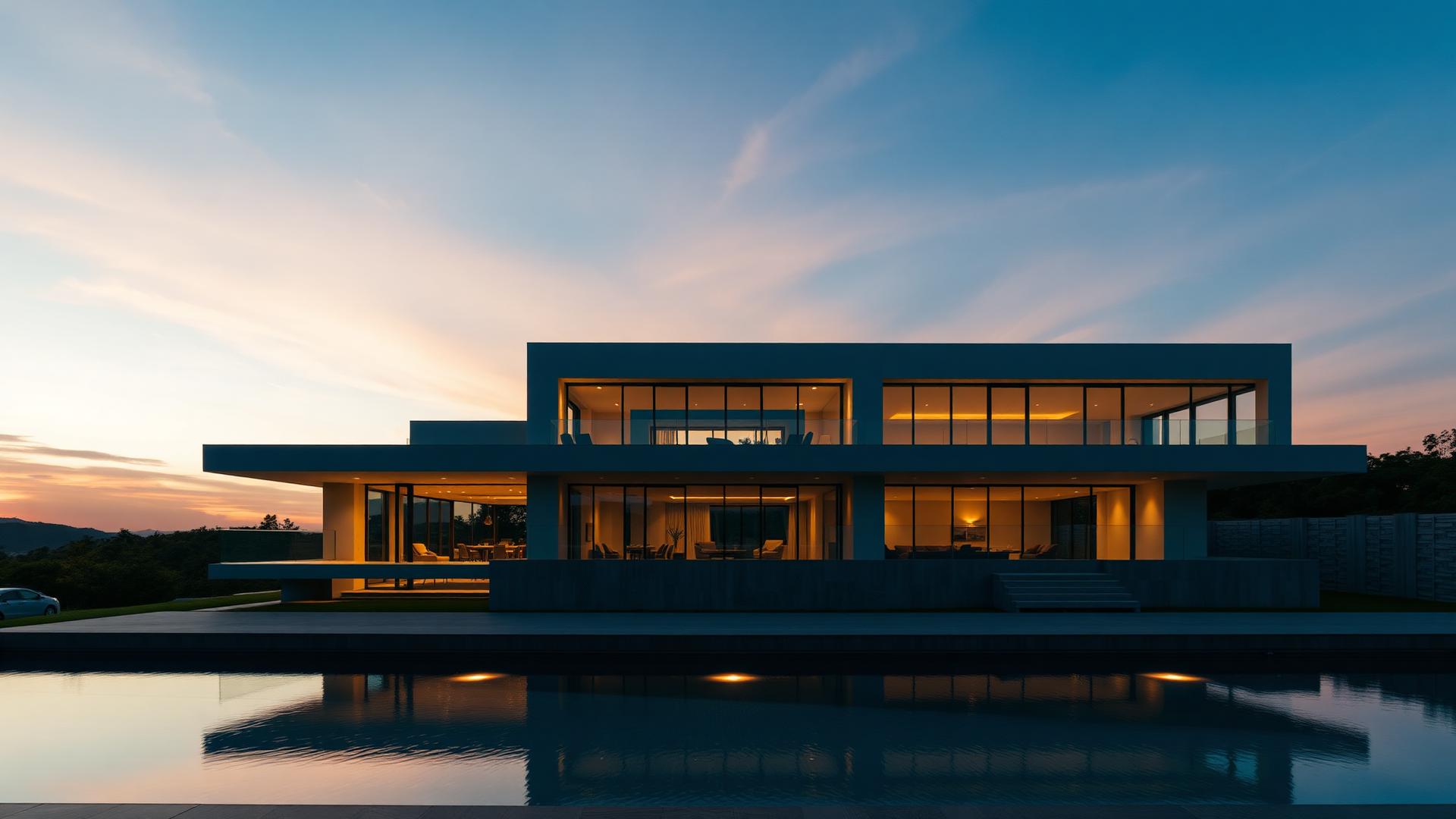 Luxury architectural villa at dusk